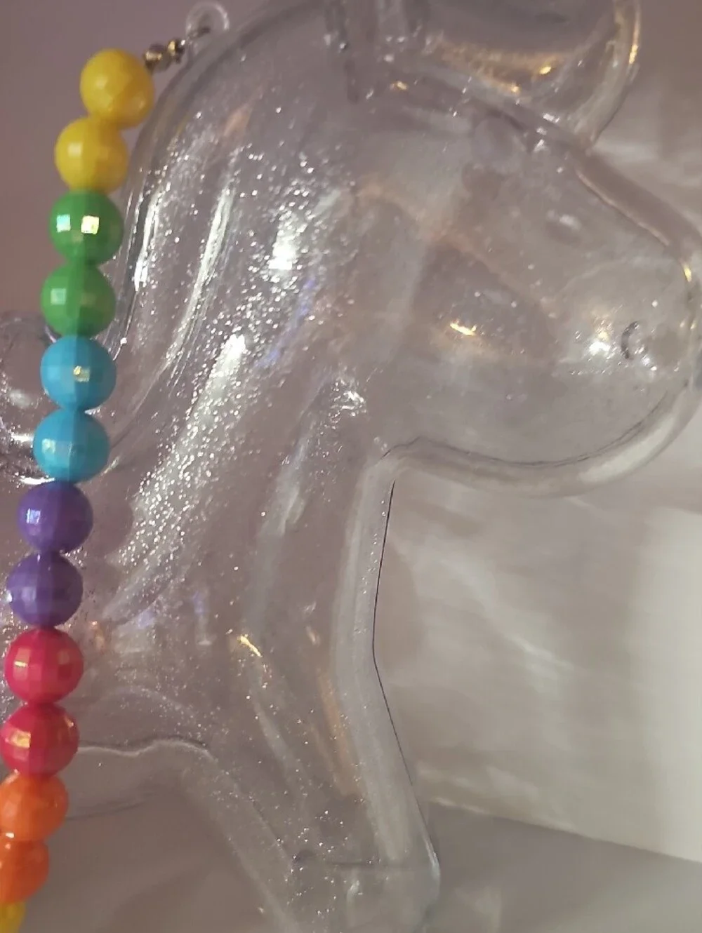 Kids Clear Glitter Unicorn Crossbody Bag with Multicolor Bead Strap